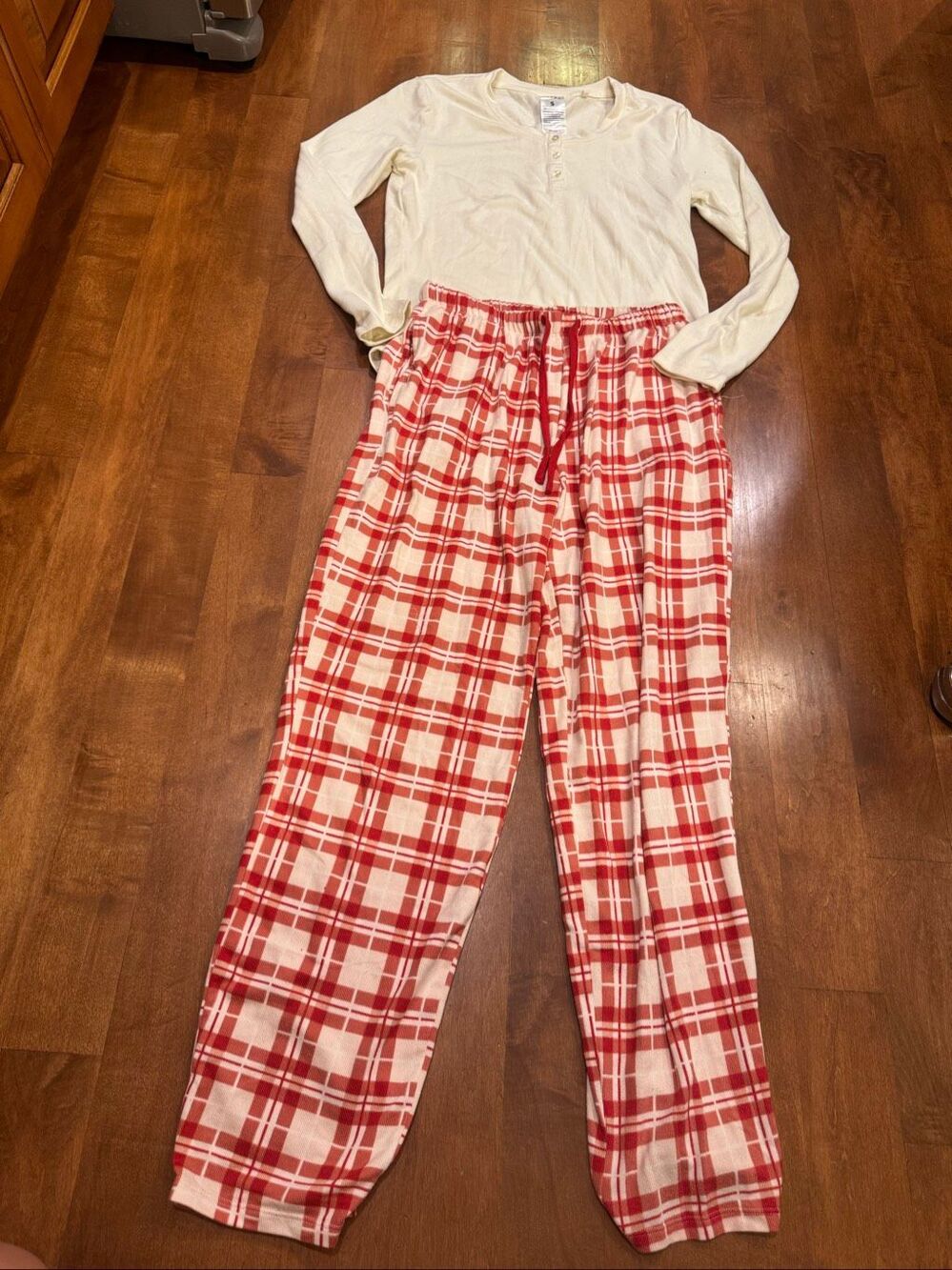 Serra Womens Small Pajama Set Cream Henley Red Plaid Pants Soft Cozy Lounge